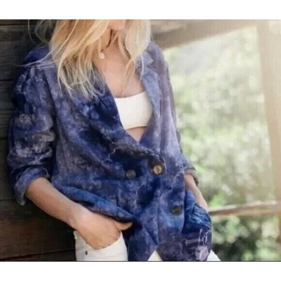 Amadi Anthropologie Blazer Jacket Medium‎ Purple Tie Dye Double Breasted Pockets - Picture 2 of 15